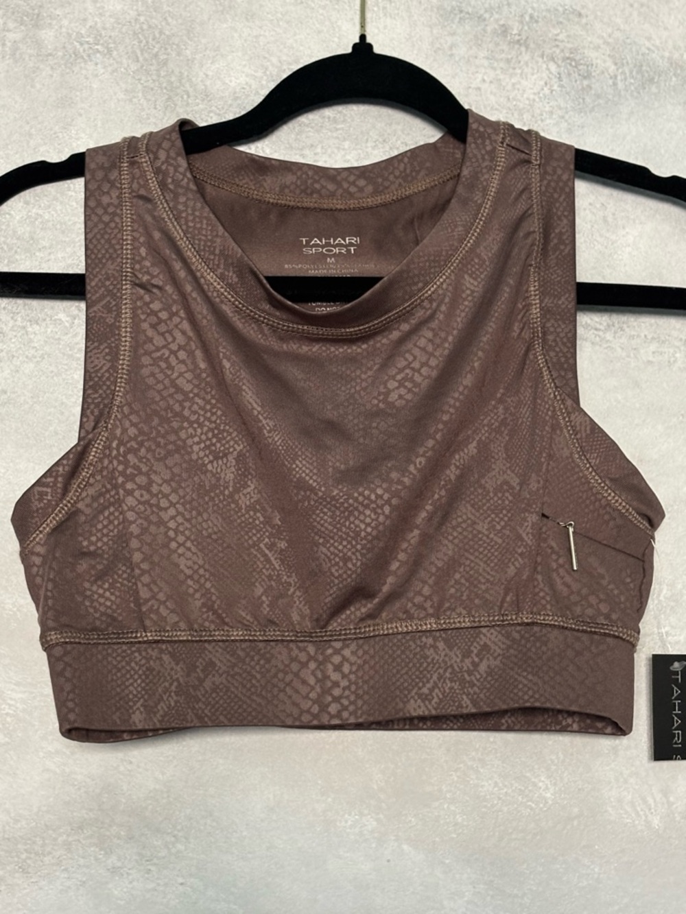 Tahari Sport Women's Athletic Sports Bra Top Brown Medium Zip Pocket Cutout Back